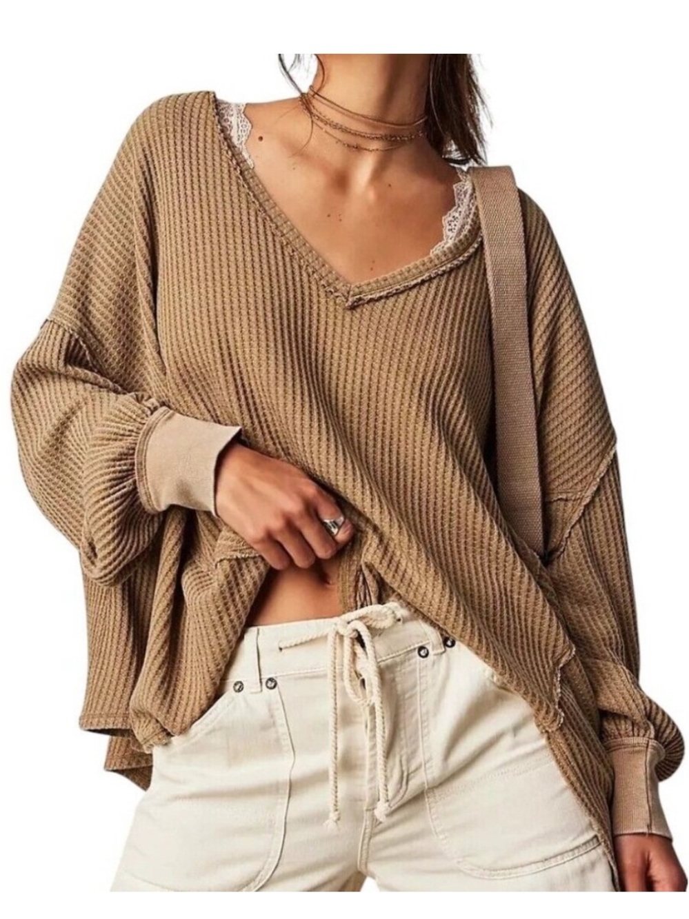 FREE PEOPLE We The Free Coraline Thermal Top in Tan Size Small